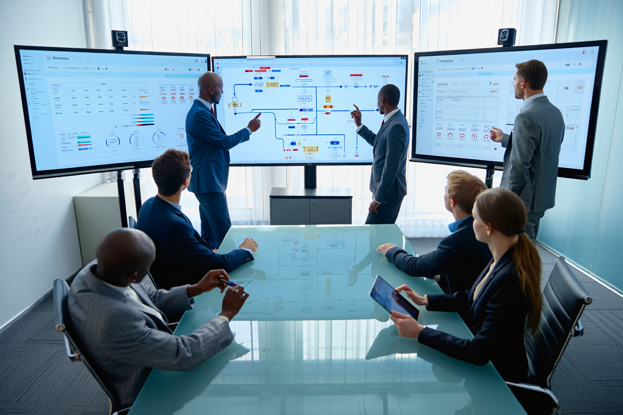 Team analyzing performance metrics on digital dashboards